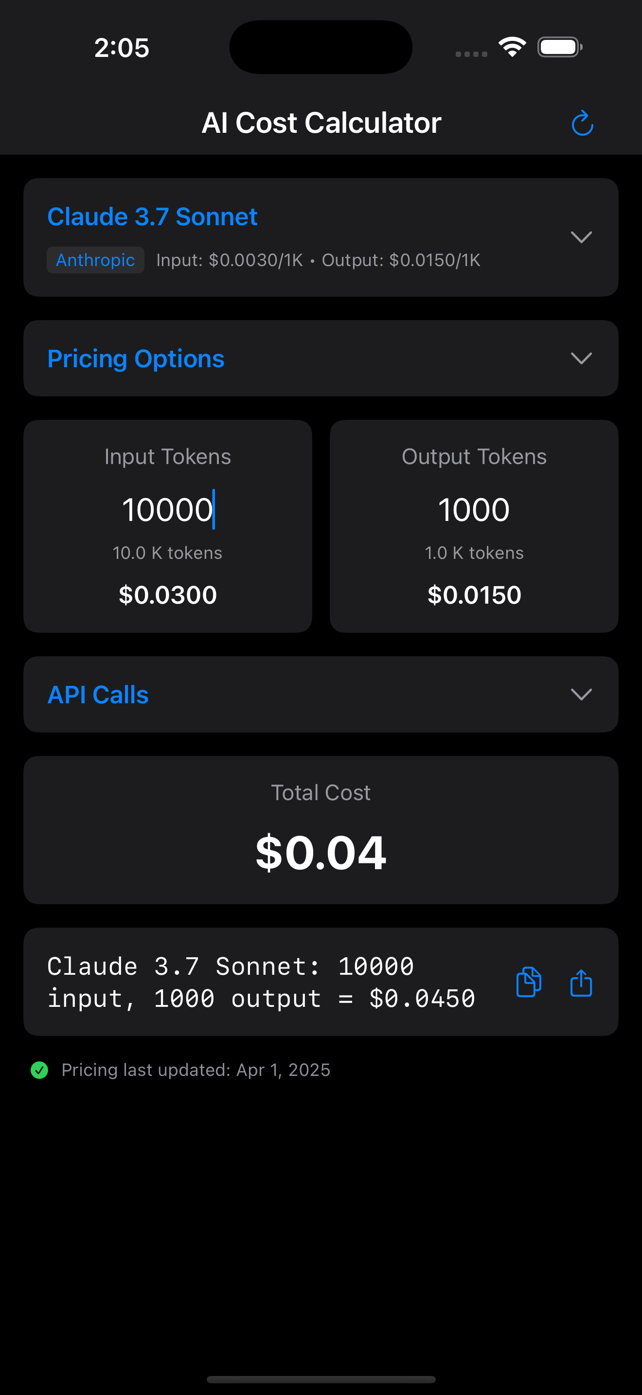 AI Cost Calc iPhone - Settings
